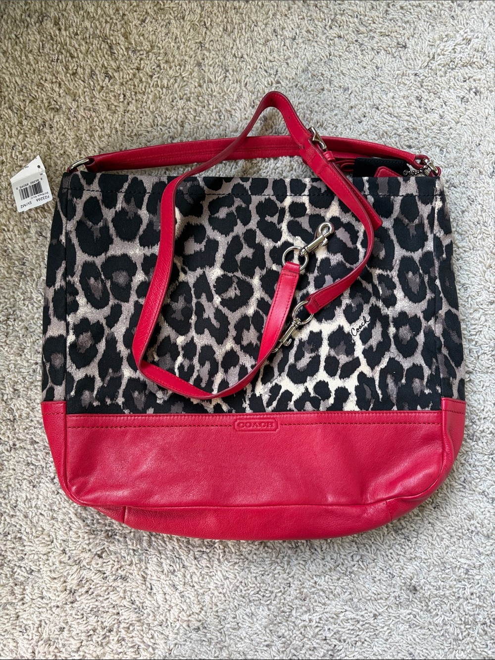 COACH Parker Ocelot Print Hobo Bag with Red Leather Trim NWT